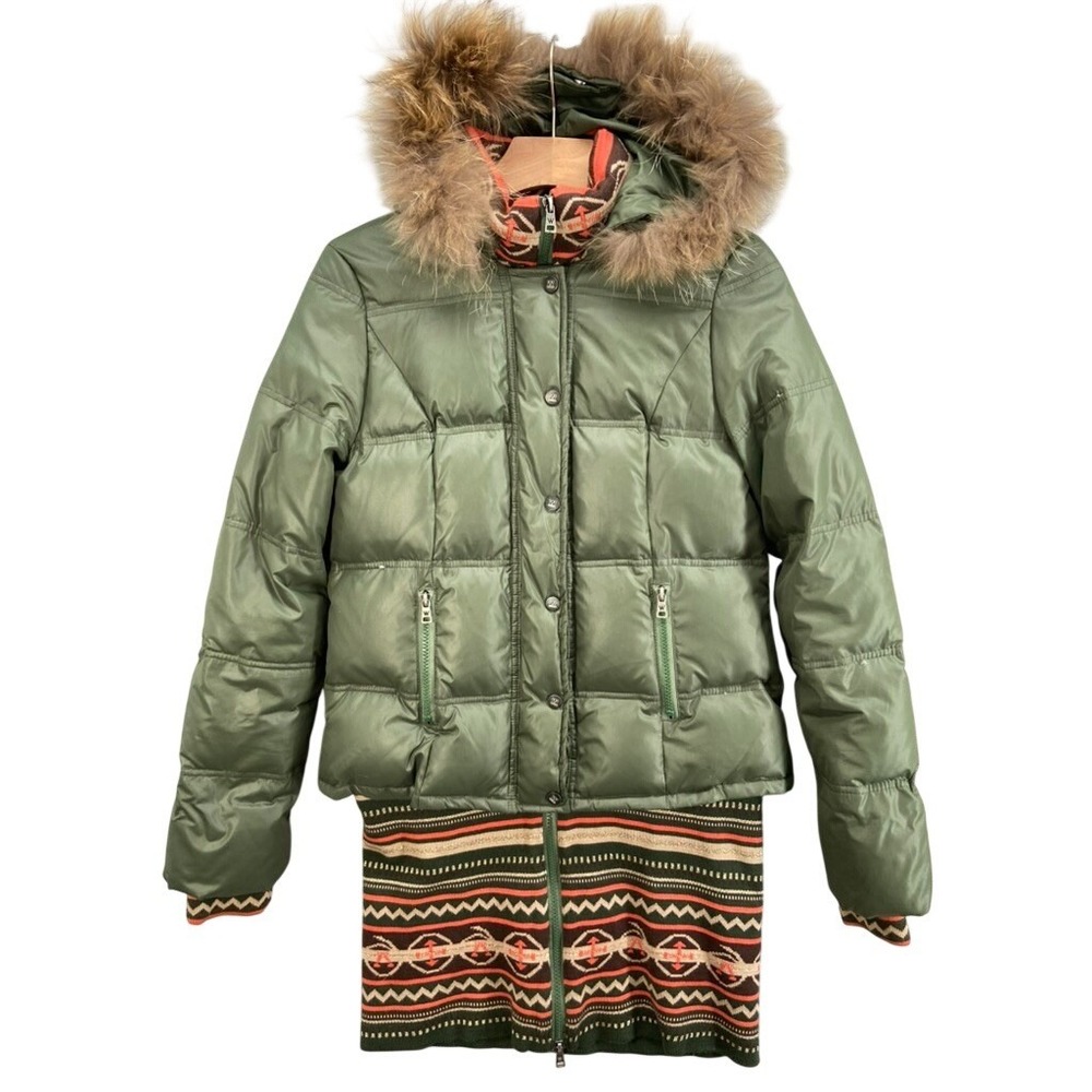 MaxMara Weekend Puffer Jacket Dress Sz 8 Fur Trim Down Fill Green Quilted Zip Up